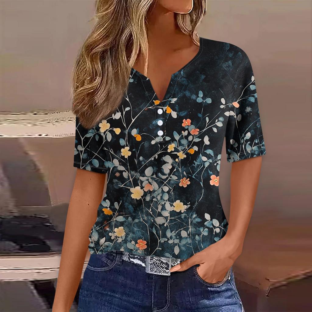 Women's T Shirt Tee Print Button Short Sleeve Daily Weekend Fashion Basic V- Neck Regular Top