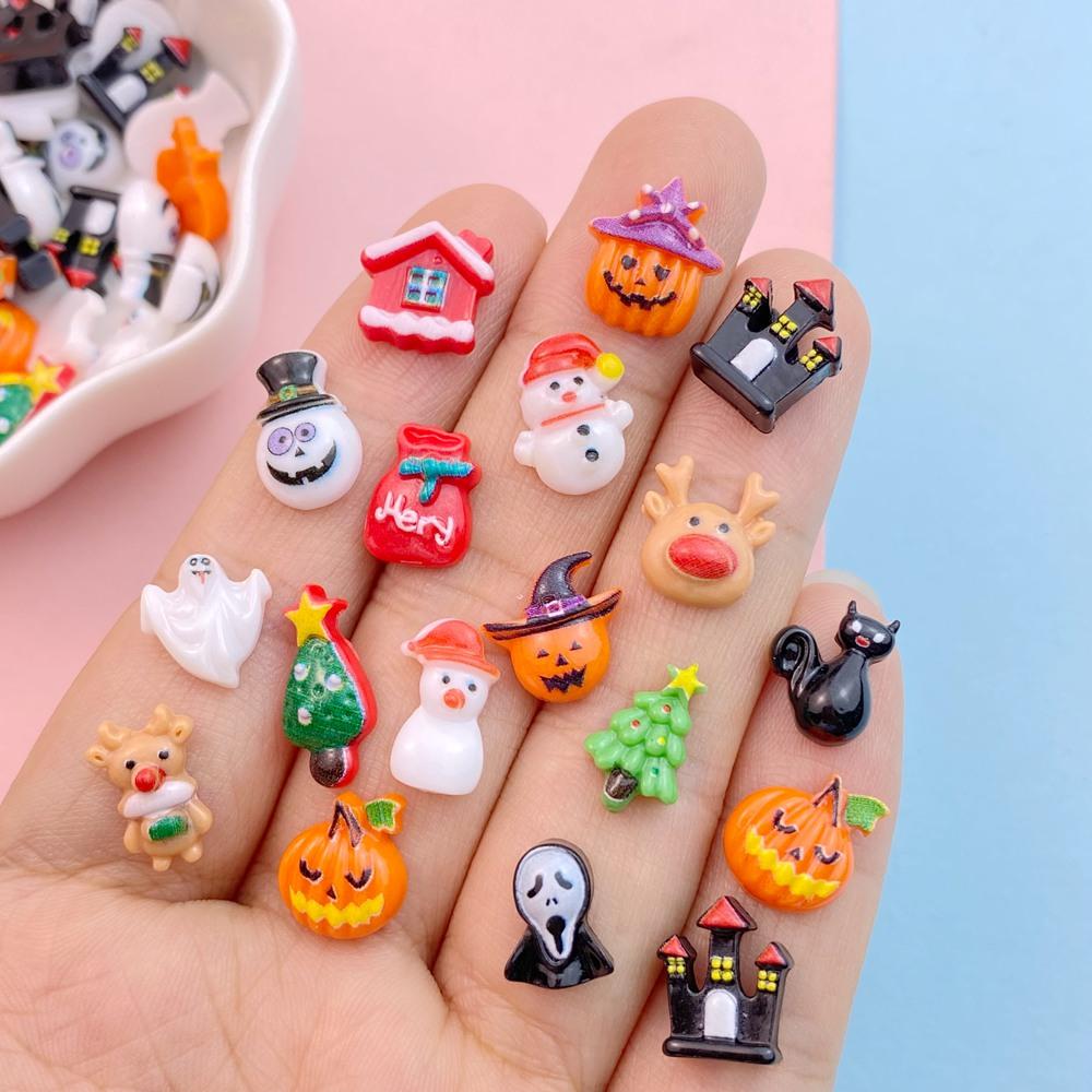 30Pcs New Cute Resin Cartoon Halloween, Christmas Collection Flat Back Manicure Parts Embellishments For Hair Bows