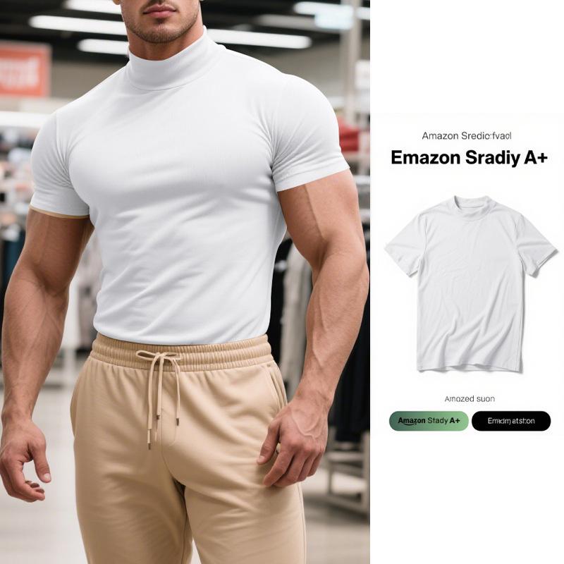Summer New Men's Casual Semi-High Neck Slim Solid Color T-shirt - European & American Fashion.