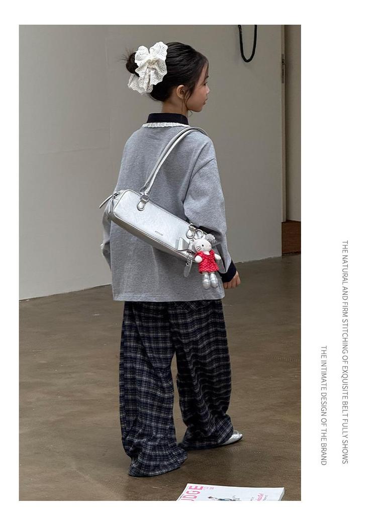 Girls' Heather Grey Long Sleeve Polo Shirt with Lace Collar - Autumn 2025 Collection