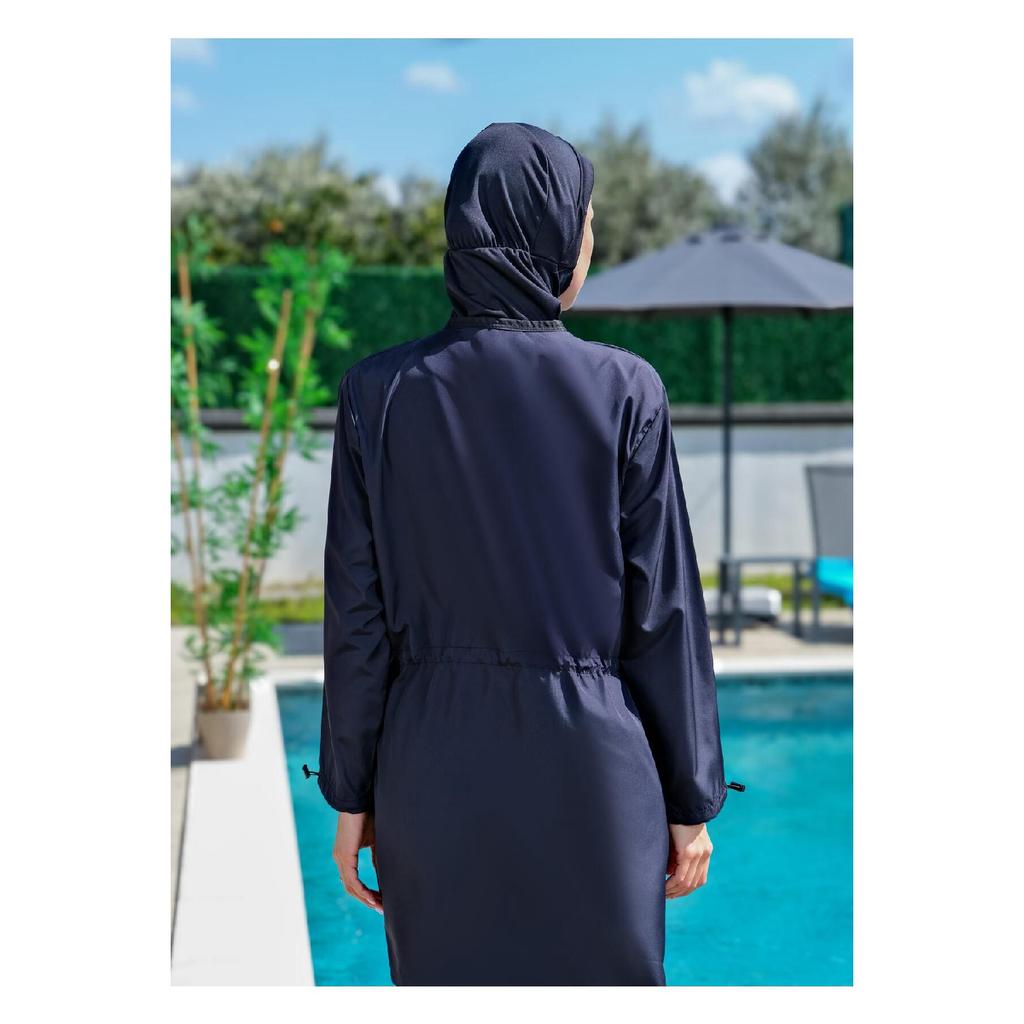 Schwarzer, vollständig bedeckter, wasserabweisender, schnell trocknender Hijab-Badeanzug mit seitlich verstellbarem Reißverschluss