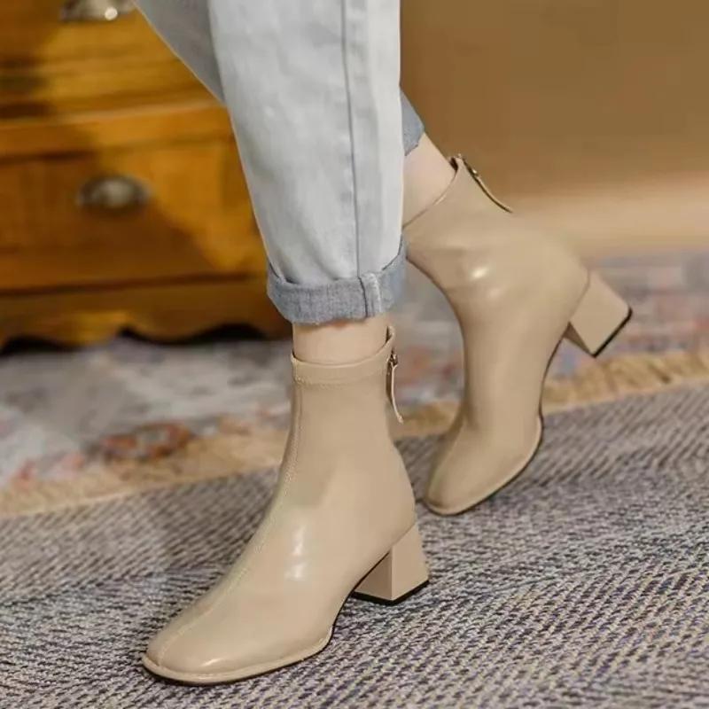 Mote Dame Utendørs Firkantet Tå Ankelstøvletter Dame Komfortable Motedesignersko Middels Hæler Glidelåsstøvletter Store Størrelser Sko for Damer