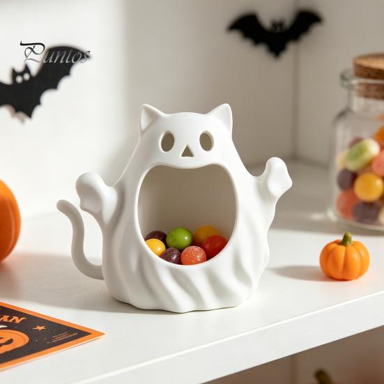 Ghost Figurine Storage Holder 3D Printed Halloween Cat Holder, Decorative Kitten Statue with Cute Spooky Home Decorations Hollow Storage, Candy Bowl,