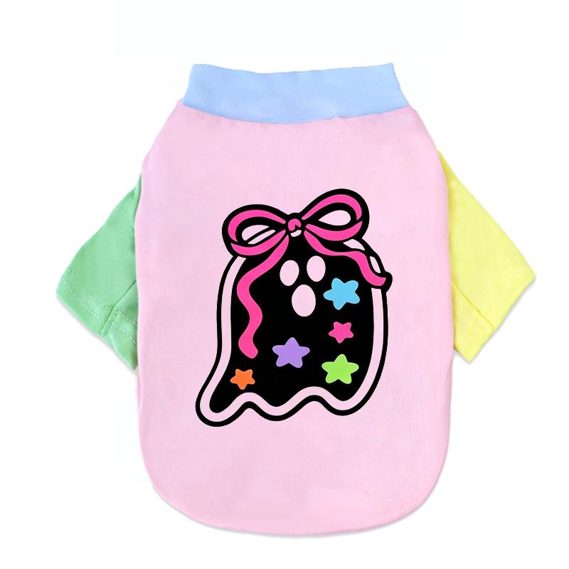 Halloween Cute Ghost Print Pet T‑Shirt Cats & Dogs Soft Cotton Clothes Outfit For Bichon French Bulldog Holiday Party Costume