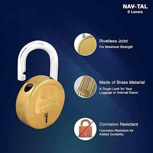 Nav-tal 6 Levers Round Padlock for Main Door with 3 Keys, Hardened Shackle Brass B079N5VBWV