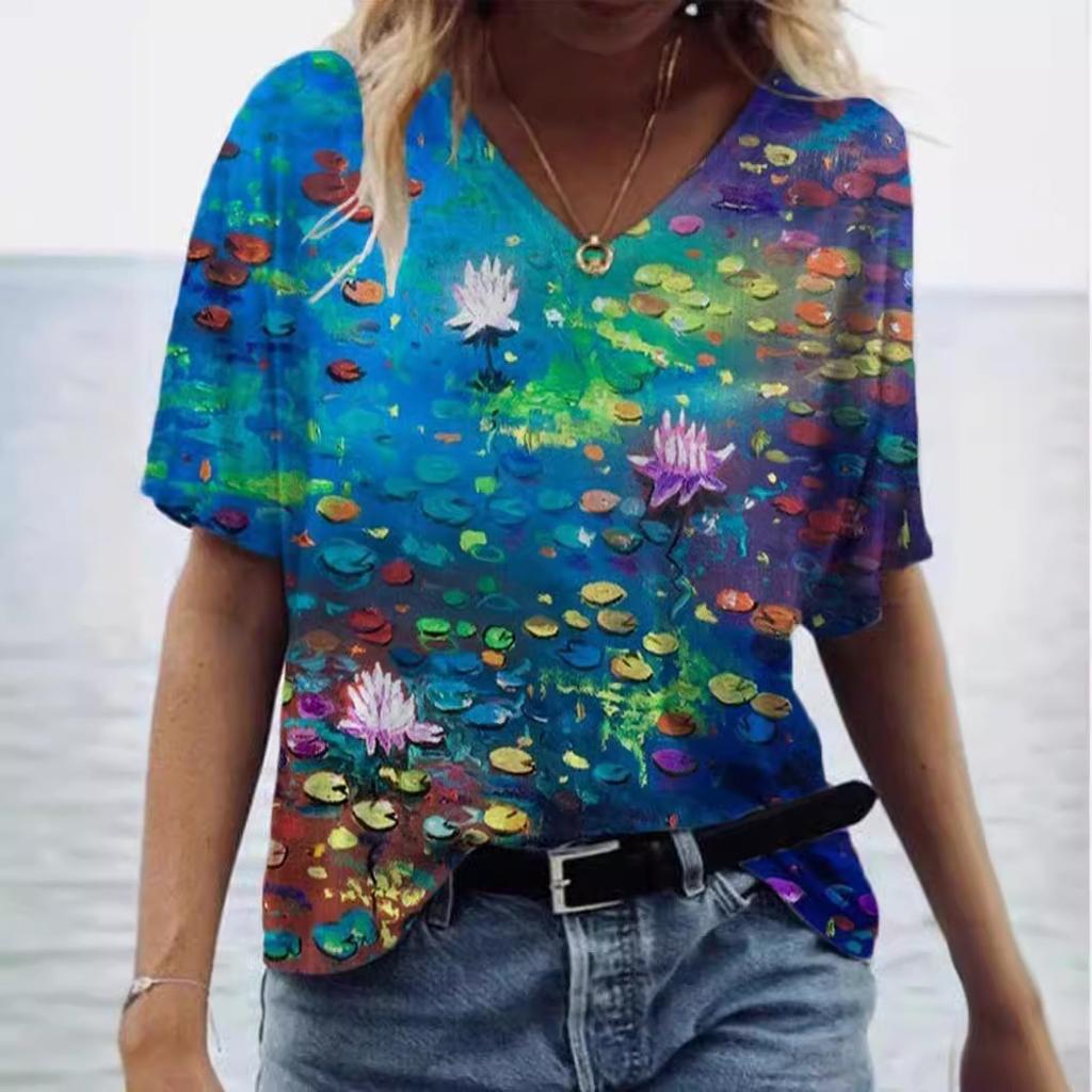 Sommer Graffiti Blume 3D-gedrucktes Kurzarm Damen V-Ausschnitt Buntes Lässiges Vielseitiges T-Shirt