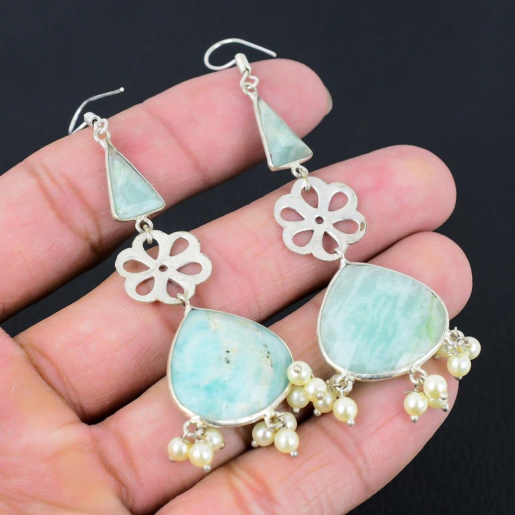 Anniversary Gift For Her Natural Amazonite Drop/Dangle Earrings 925 Silver