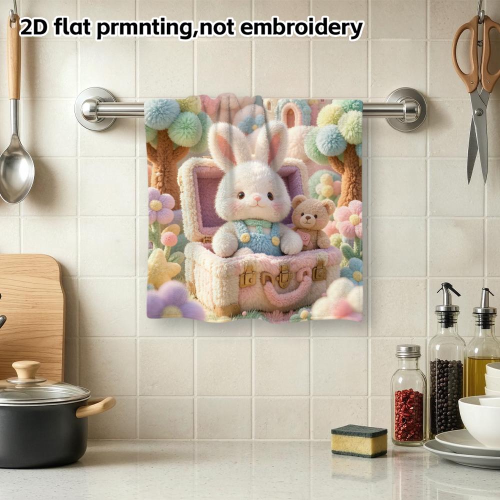 Cute Plush Bunny Castle Print Towel, Soft Absorbent Kids Bath Hand Towel, Pastel Fantasy Rabbit Pattern Towel