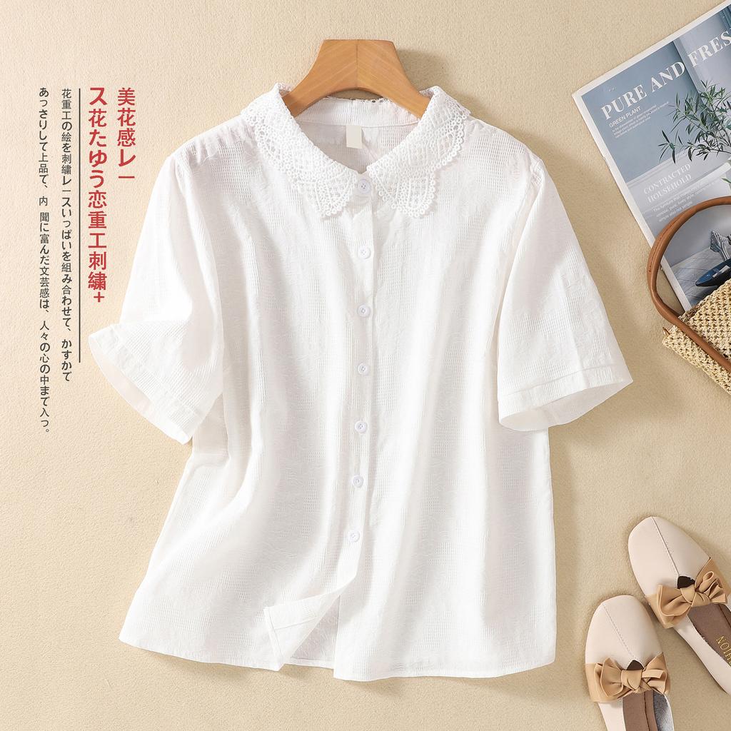 2025 summer new jacquard embroidered cotton shirt women's literary loose single-breasted lace collar short-sleeved cardigan top