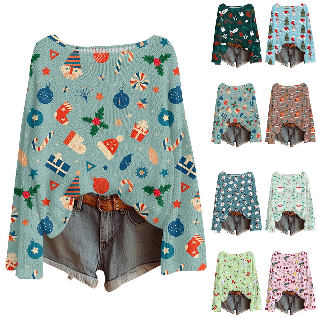 Damen Modische Oversized Strickware Langärmeliges Oberteil mit Weihnachtsdruck