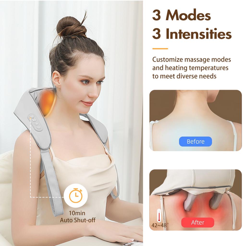 6D Cordless Electric Neck Massager Shiatsu Deep Tissue Kneading with Soothing Heat for Shoulder Leg Body Pain Relief