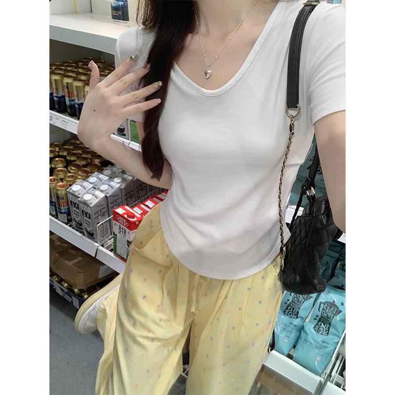 White v-neck basic short-sleeved T-shirt for women summer 2024 new slim fit and versatile Korean style short top for small people