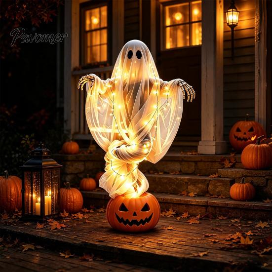 Decorative Festive Lighting Swirling Ghost Pumpkin Yard Lamp, Halloween Glowing Spooky Decor with Solar Powered Alternative Design, Outdoor