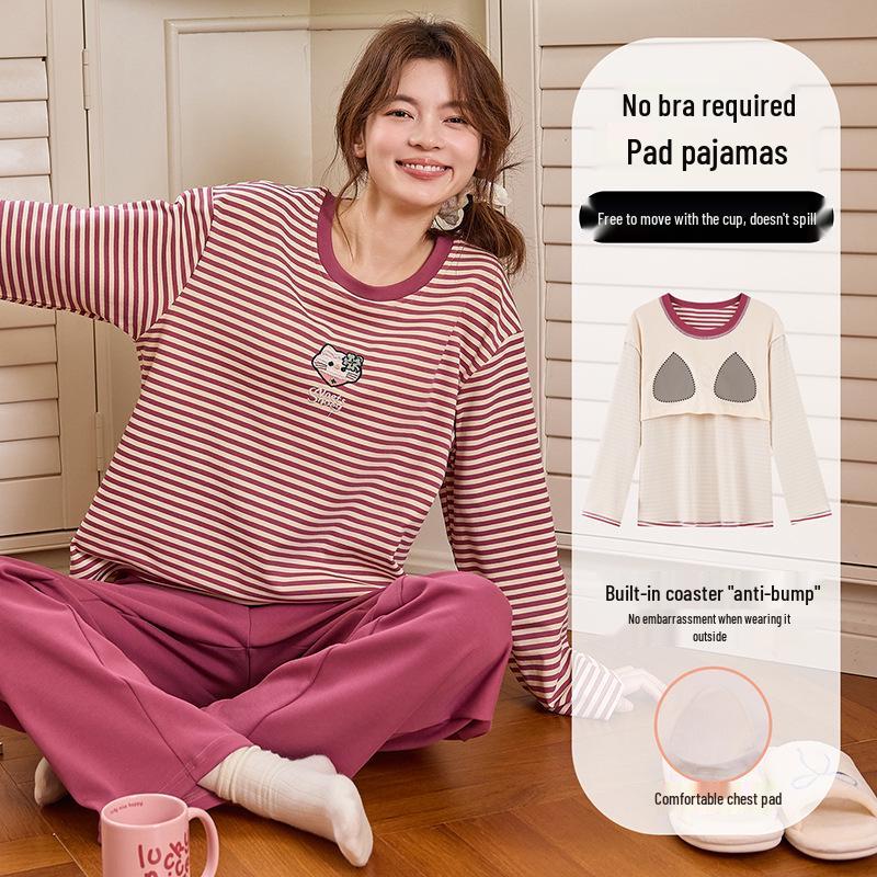 Women's Long-Sleeve Sweet Cartoon Homewear Set with Built-in Bra Pads - Spring/Autumn Cotton