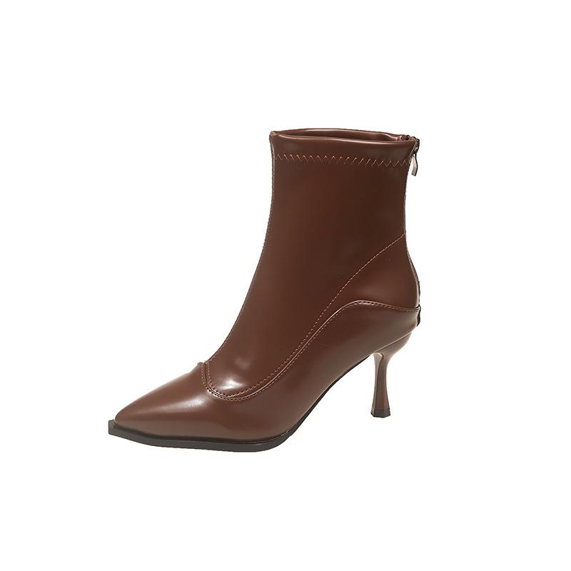High-heeled short boots women's 2025 autumn and winter new Korean versatile pointed ankle boots thin boots French retro brown short boots