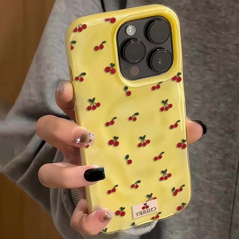 Schattige Kersen Vouwen Textuur Telefoonhoesje Voor iPhone 16 15 12 11 Pro Max 13 14 Pro Plus Schokbestendig Antislip Zachte Cover Shell Fundas