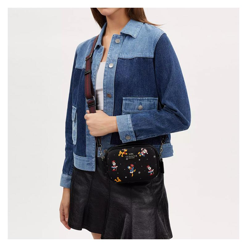 Coach Disney Co-branded Jamie 19 Hardware Buckle Letter Print Zipper Closure Canvas with Leather Crossbody Bag Small Women's Black
