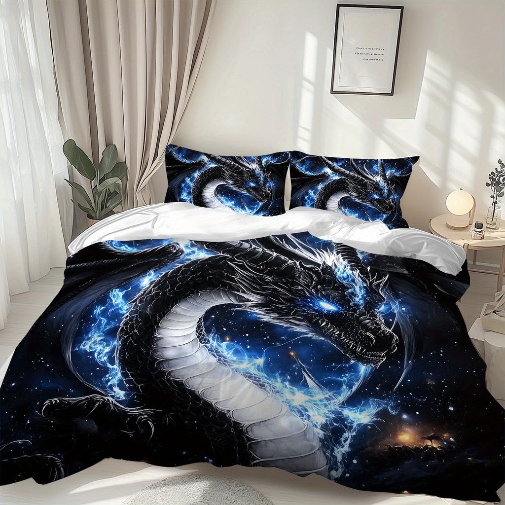 Latacaca 2/3-teiliges Schwarzer Drache Kosmisch Bettbezug-Set, Knitter- und Ausbleichbeständig Maschinenwaschbare Bettwäsche mit Kissenbezügen