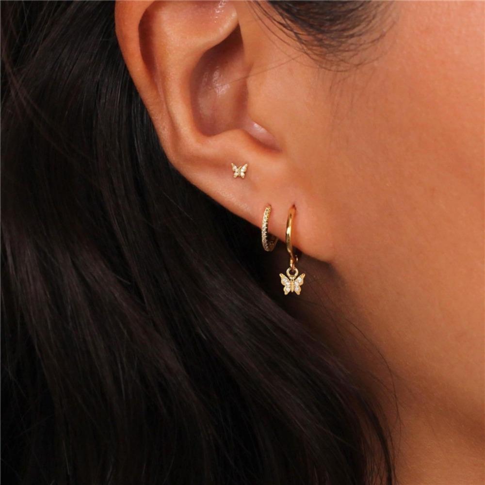 3pcs Set Fashion Exquisite Shiny Inlaid Zircon Butterfly Stud Earrings for Women Stainless Steel Hoop Earrings Jewelry Sets Gift