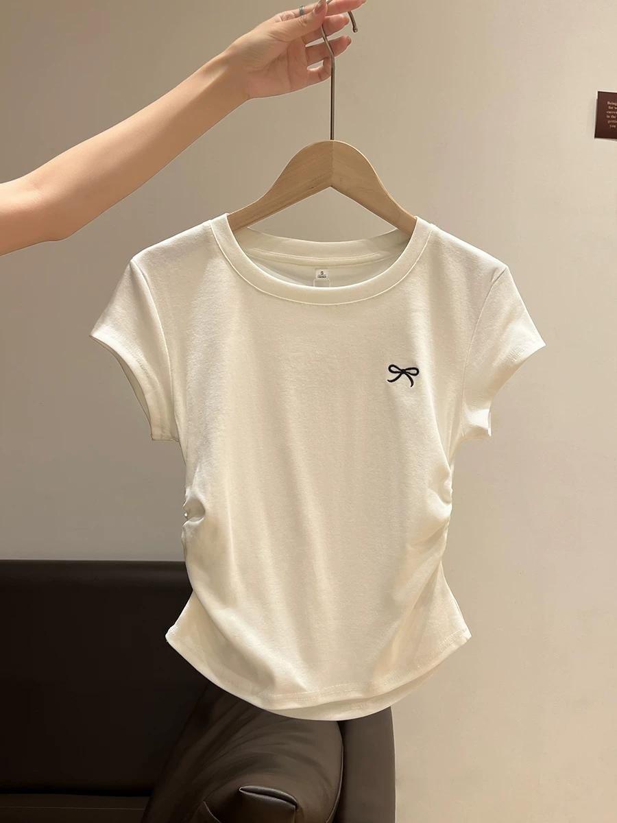 

White Bow Puff Sleeve Women s Slimming Short Top: 92% Cotton, 8% Spandex L белый