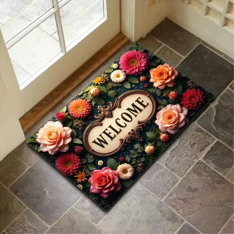 Summer Retro Floor Mat Flower Printed Anti-Slip Entrance Door Mat Home Decoration Indoor Outdoor Area Carpet Bathroom Floor Mat