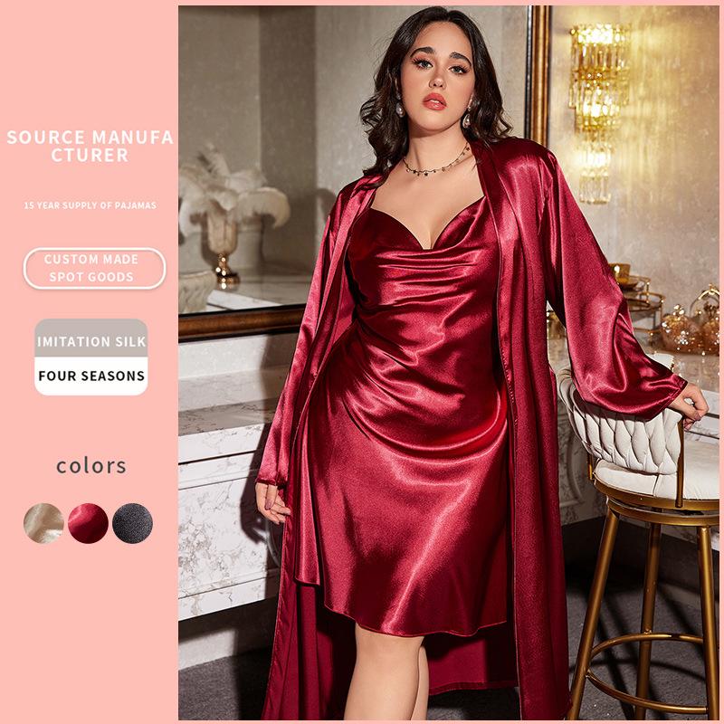 Plus Size Imitation Silk Pajamas: European & American-Style Loose Camisole Dress Set for Women - Sexy, Casual Spring/Summer Nightwear