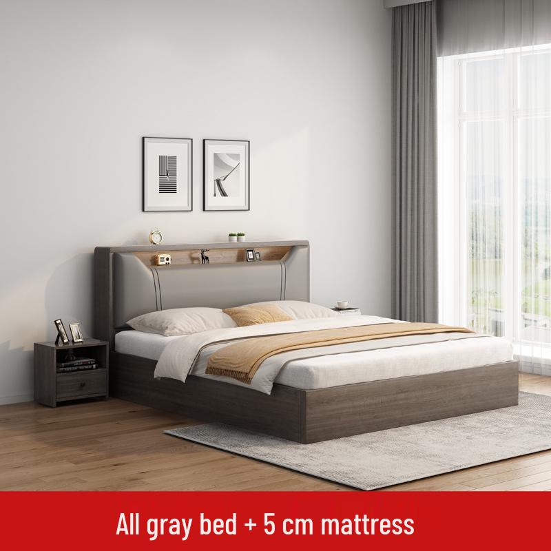 Modern Minimalist Solid Wood Panel Bed - Double (1.8m) or Single (1.2m) for Master Bedroom or Rental Room
