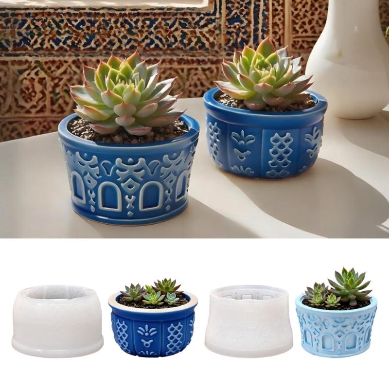 Round Silicone Planter Mold Unique Flower Pattern Easy Demolding Reusable For Indoor Outdoor Decoration Crafting Project