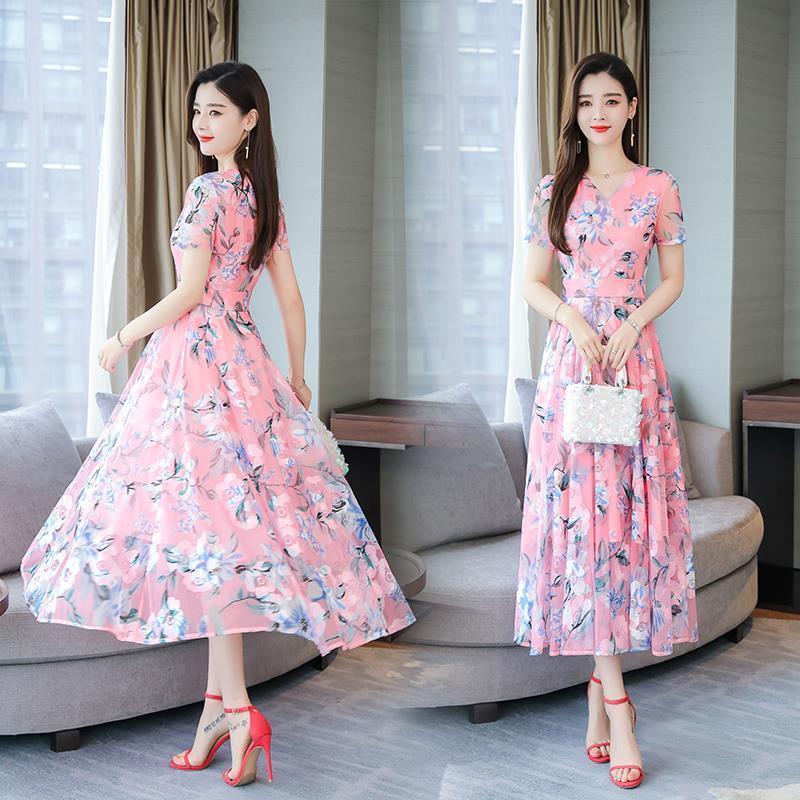 Women's Spring and Summer V-neck Plus Size Chiffon Print Dress Outdoor Thin Beach Dresses