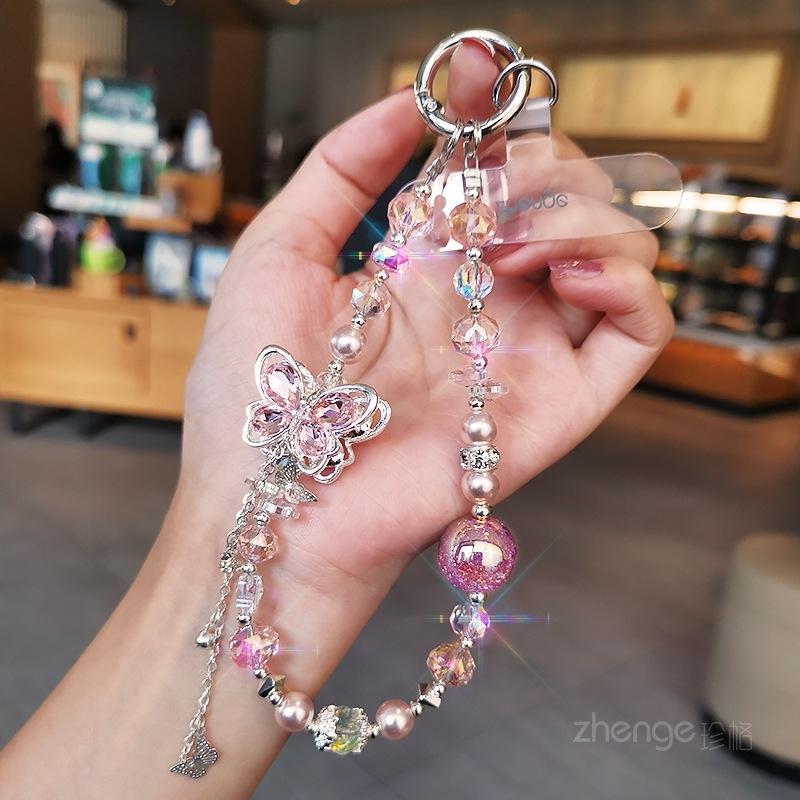 

Premium Butterfly Crystal Beads Mobile Phone Chain ins Fashion Ladies Wrist Pendant Handmade Beaded Lanyard [pink] butterfly colorful crystal bracelet
