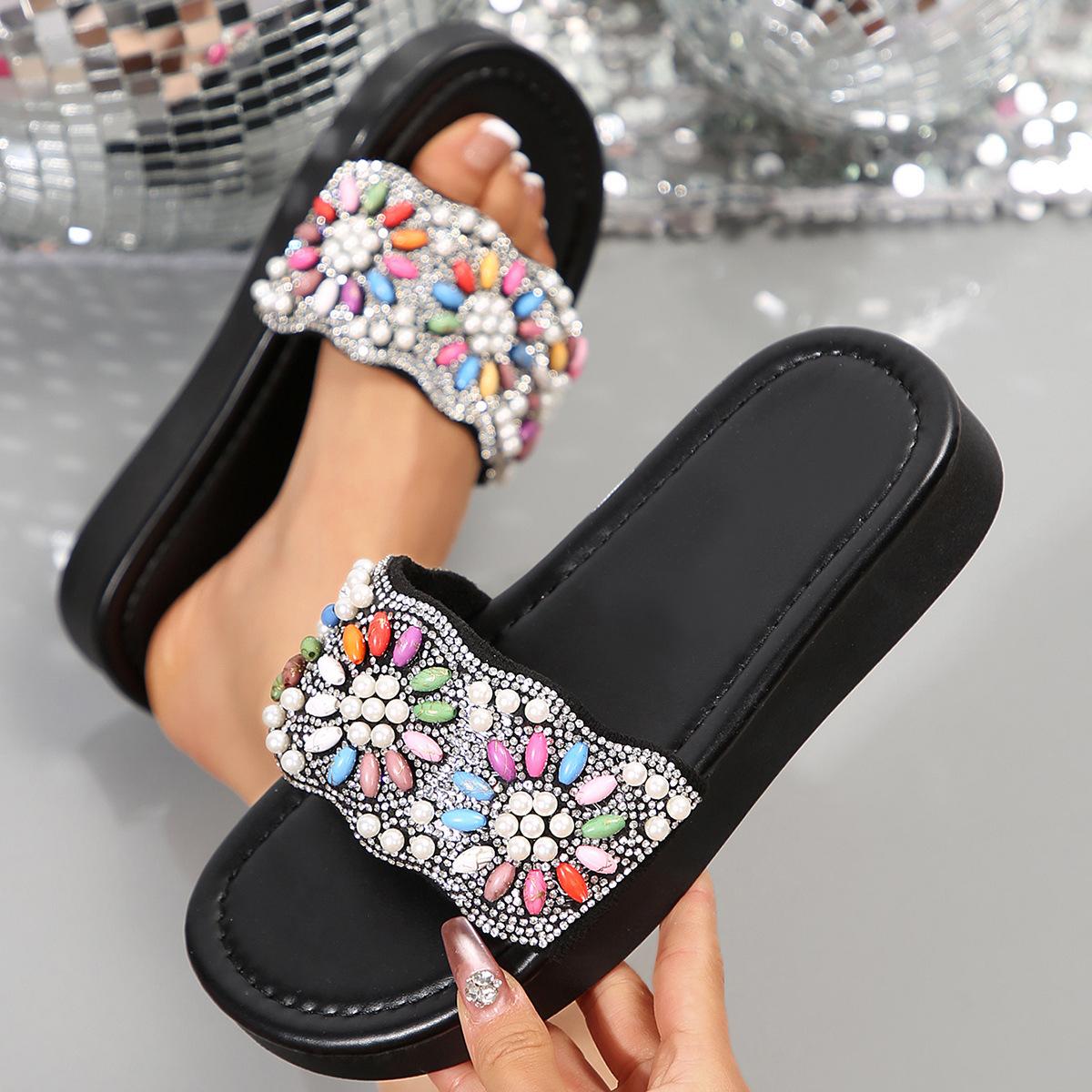 

2025 new colored rhinestone flower flat-bottomed slippers women s square head low heel thick bottom one word casual beach cool slippers 42 чёрный