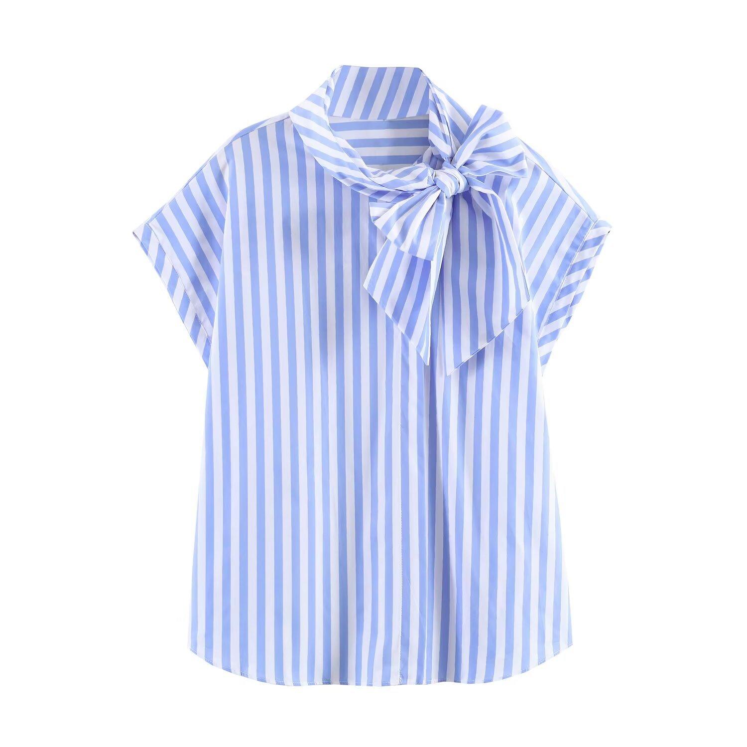 European and American style new women s fashionable and fashionable bow-trimmed striped shirt 3232834 XS