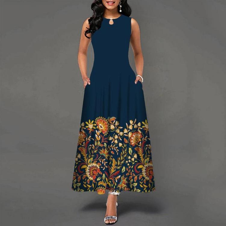 Women Summer Sleeveless V Neck Printed Maxi Dress