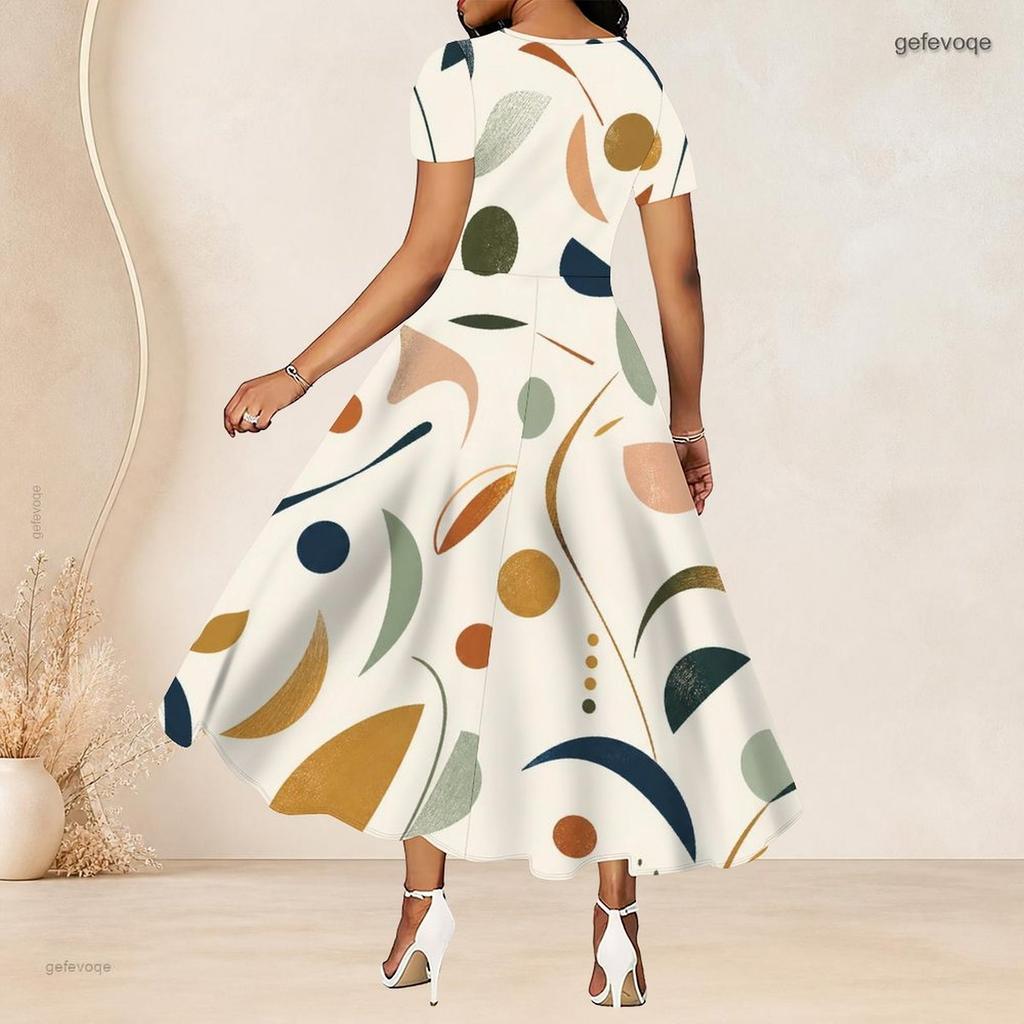 Women Plus Size Round Neck Short Sleeve Printed Gathered Waist A Line Long Dress