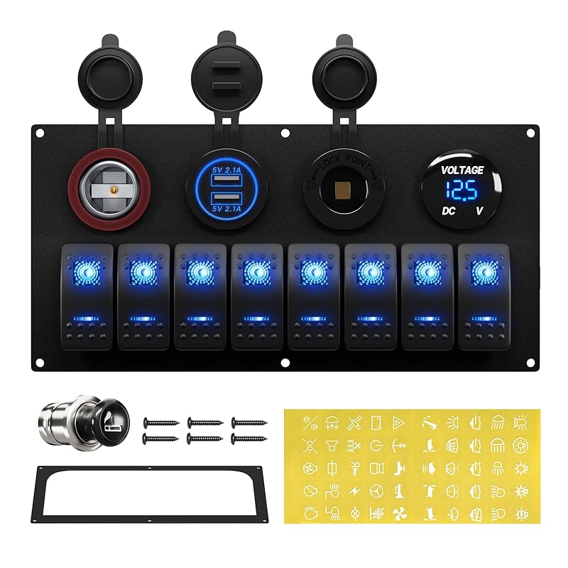 Marine Boat Switch Panel Waterproof 8 Gang 12V Rocker Switch Panel 12 Volt Toggle Switch Panel Blue LED Lighted for Automotive Car Truck