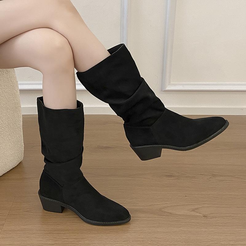 Inner Heightening Knight Boots Women's 2025 Thick Heel Autumn and Winter Western Boots Tall Retro Thin Pleated Piled Boots Long Boots