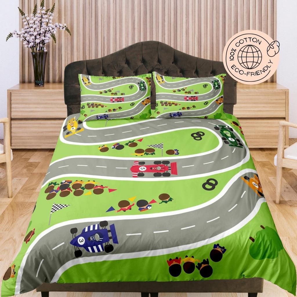 Race Track Cotton Duvet Cover Go Cart Quilt Cover, Green Bedding Set Toddler's Room Blanket Cover, Kid's Bedroom Bedspread