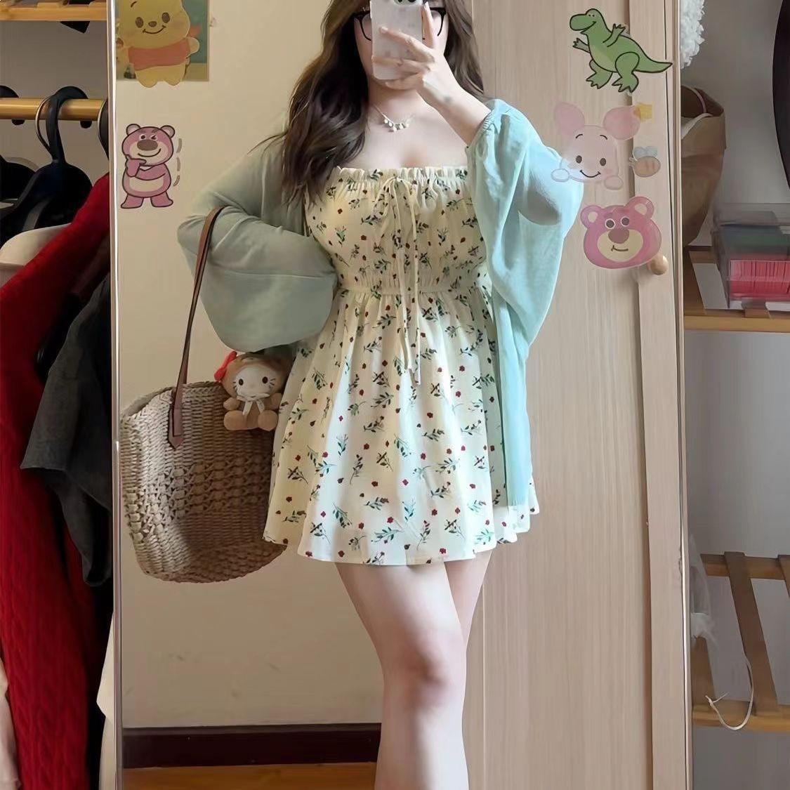 2026 Plus Size French Floral Sling Dress - Summer Waist-Cinched Slimming M (80-100 jin)