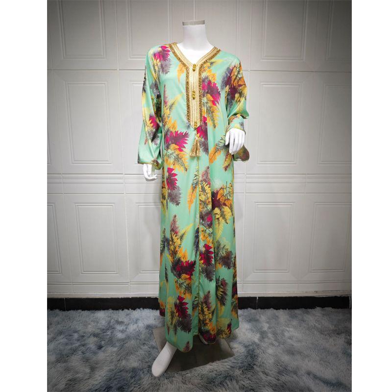 

Ближневосточный принт Горячая сверловка Лента Кисточка Халат Элегантный Комбинезон Амазон Женский Длинное платье Платья для путешествий в Дубай Green 2XL