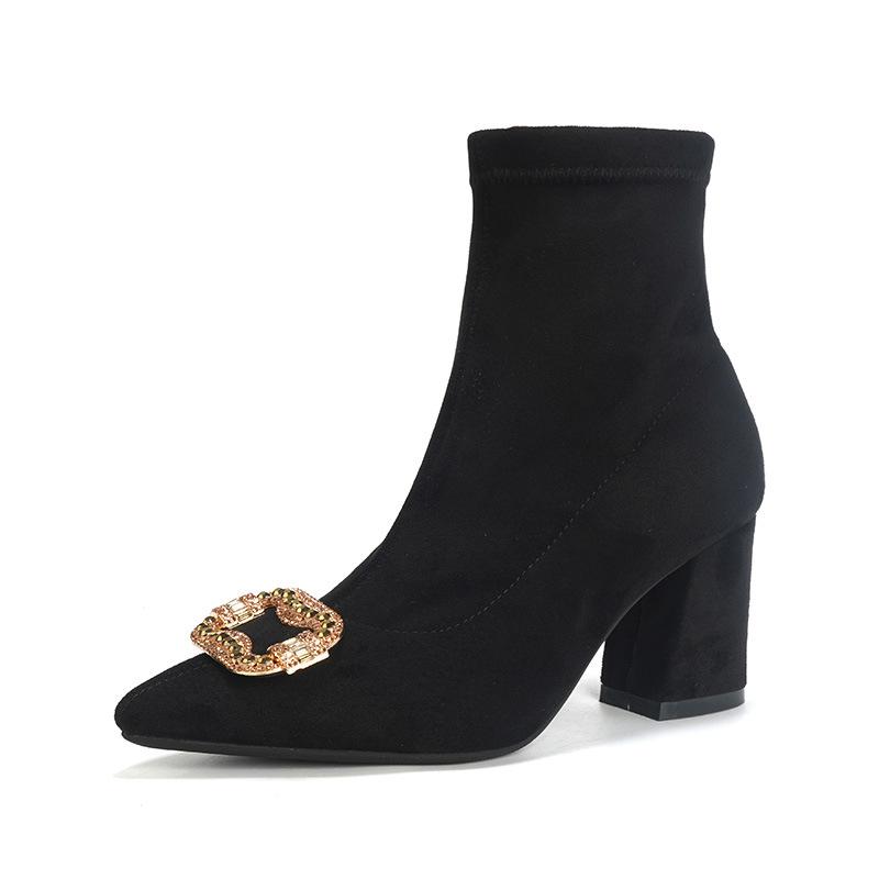 Pointed suede autumn and winter new fashion high-heeled short boots women's rhinestone square buckle low tube fashion boots solid color thin boots