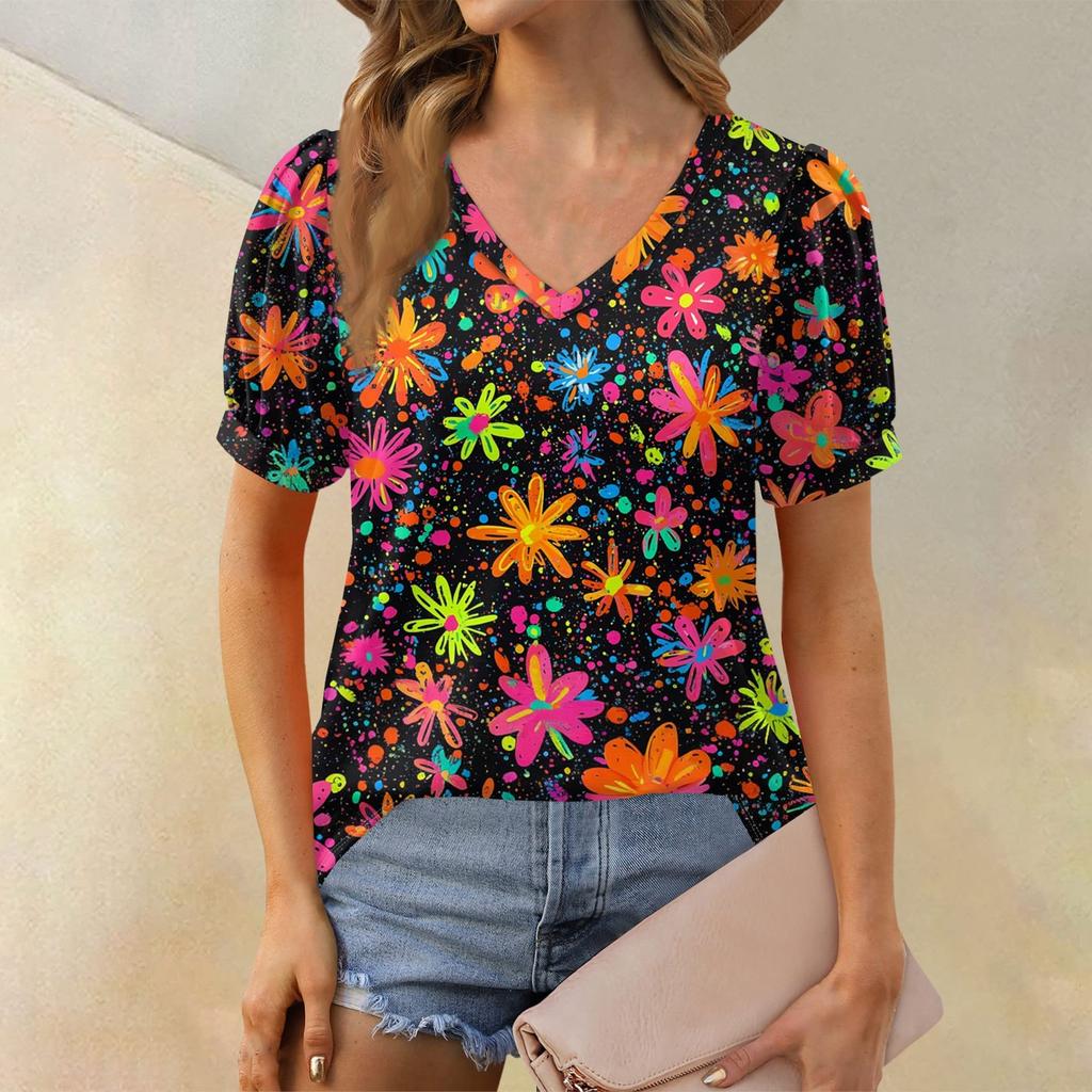 Damenmode Blumendruck Top Puff Kurzarm V-Ausschnitt T-Shirt Lose Casual T-Shirt