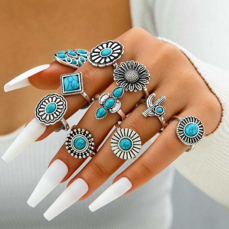 European and American Ethnic Style Carved Feather turquoise Ring Retro Personality Ring Set Combination Ring Set