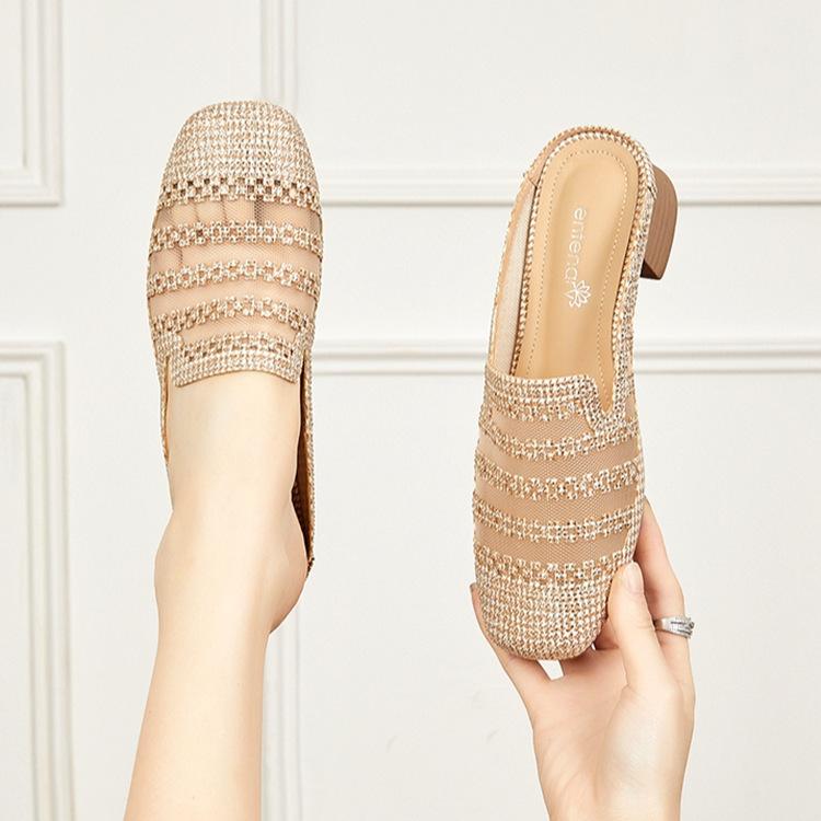 Baotou French Half Slippers Women's 2025 New Temperament Gentle Small Fragrant Sandals Lazy Soft Sole Medium Heel Women's Shoes