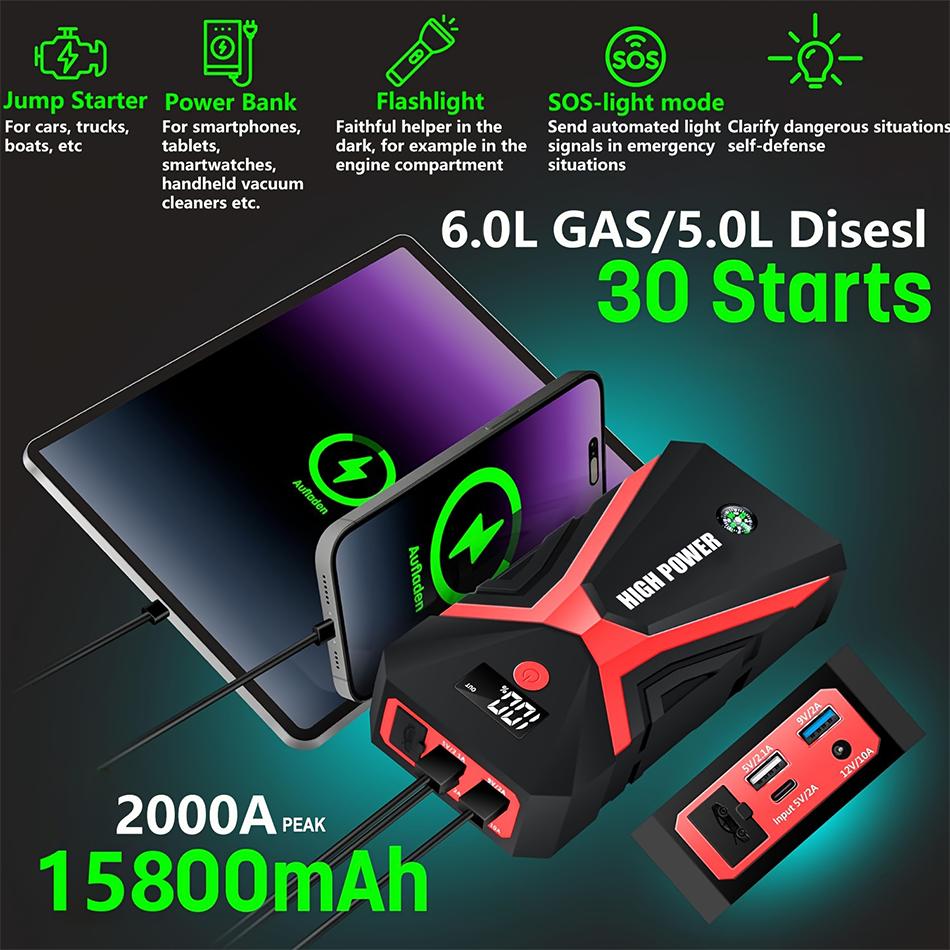 2000A Spitzenleistung Auto Starthilfe für 6.0L Benzin-/5.0L Dieselmotoren - mit LCD-Anzeige, Dual-USB-kompatibel und 12V DC-PORT