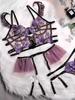 Adult Four-Piece Lingerie Set See-Through Purple Lace Lace-Up Embroidered Mesh Jumpsuit And Matching Accessories