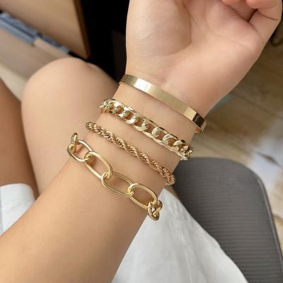 4-piece Alloy Hip-hop Cuban Bracelet Punk Metal Twisted Rope Chain Bracelet Jewelry for Women, The Best Gift for Friends