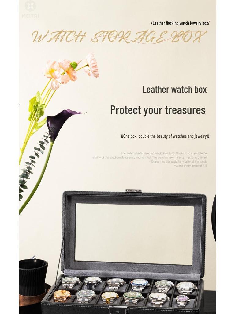 Lychee Grain PU Leather Watch & Eyeglass Storage Box with Multiple Slots