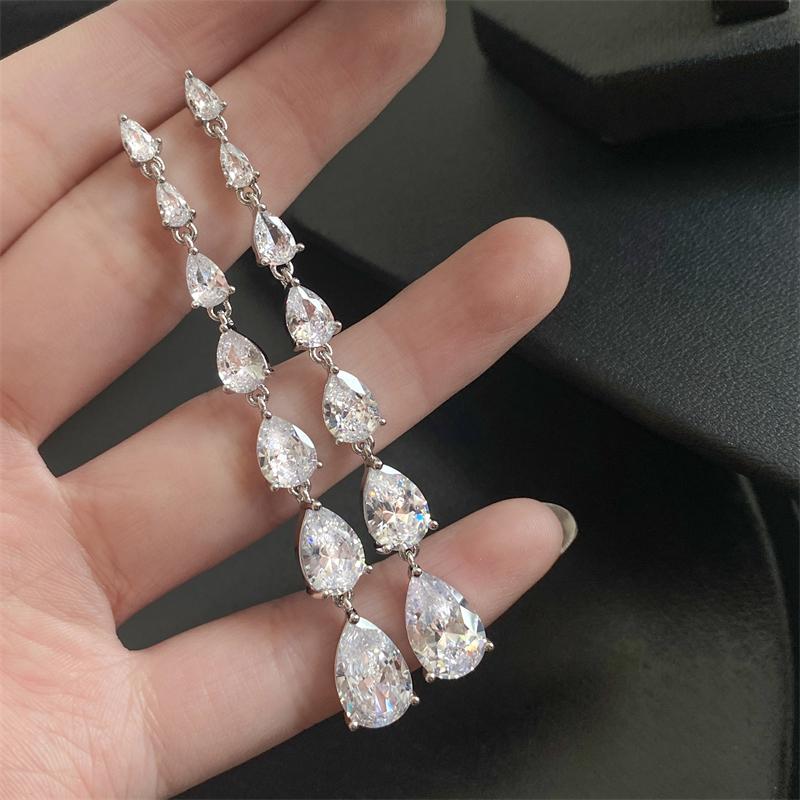 ZAKOL Gorgeous Water Drop Zirconia Long Dangle Earrings Women Sliver Color Shiny Zircon Crystal Bridal Earring Party Zircon