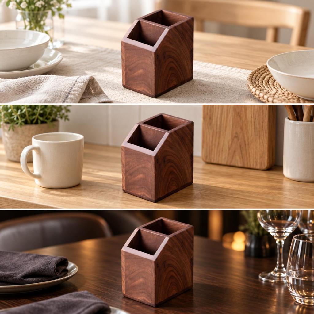 Wooden Chopstick Holder with Two Compartments Angled Edges Walnut Cooking Tool