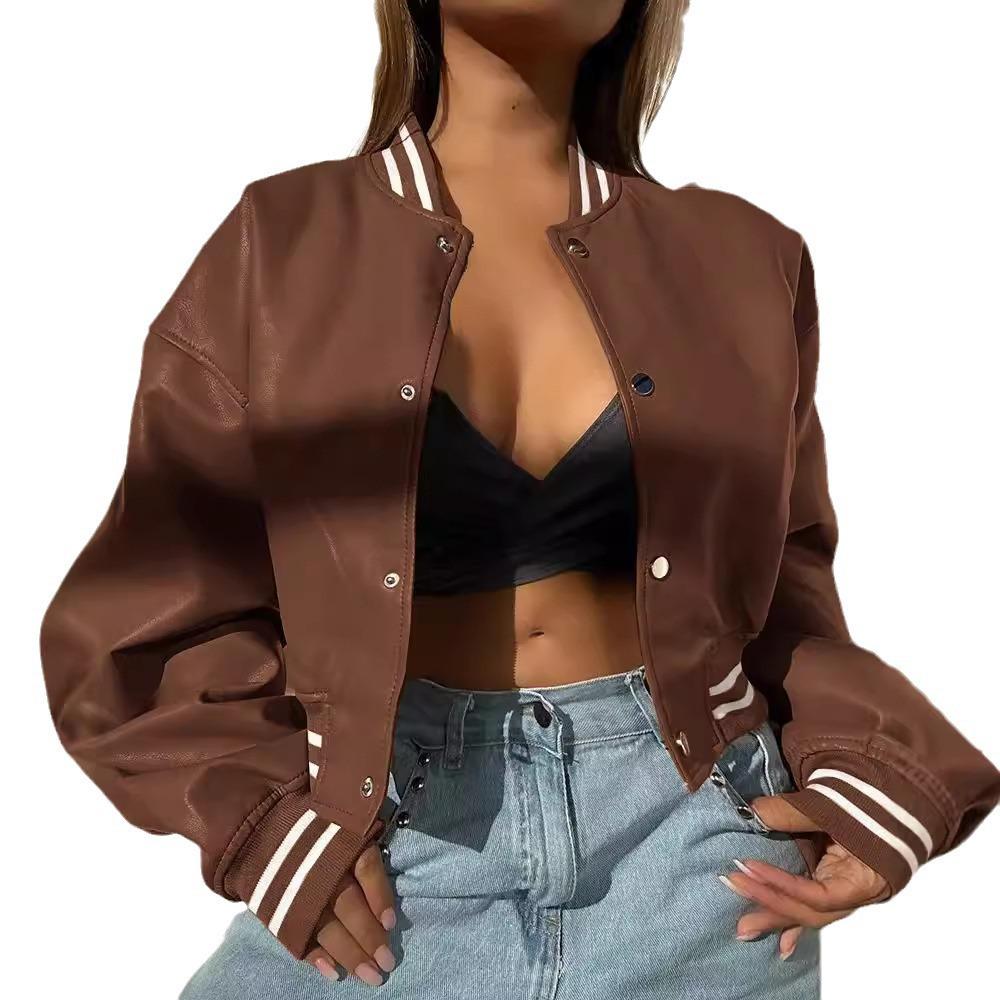 Europäische & Amerikanische Damen Herbst/Winter 2024 PU Leder Motorradjacke mit langen Ärmeln.